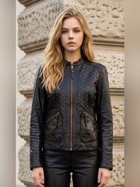 Renuar Black Quilted Leather Motorcycle Jacket